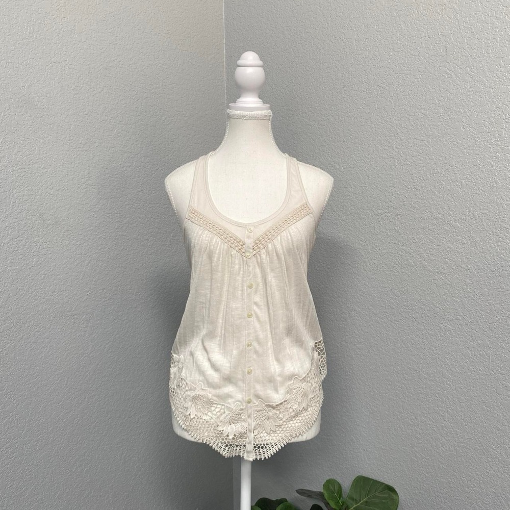 Y2K AMERICAN EAGLE CREME TANK BLOUSE LACE TRIM RACERBACK BOHO COTTAGE SUMMER